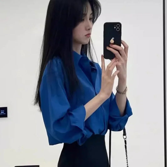 Vintage Blue Long Sleeve Shirts Women Spring Autumn 2025 Chic Single Breasted Blouses Woman Loose Turn Down Collar Shirts Ladies.