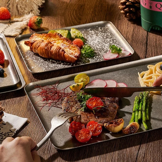 Vintage 304 Stainless Steel Snowflake Silver Square Tray Round Edge Dinner Plate Dessert Grill Tray Steak Plate Decorative Tray.