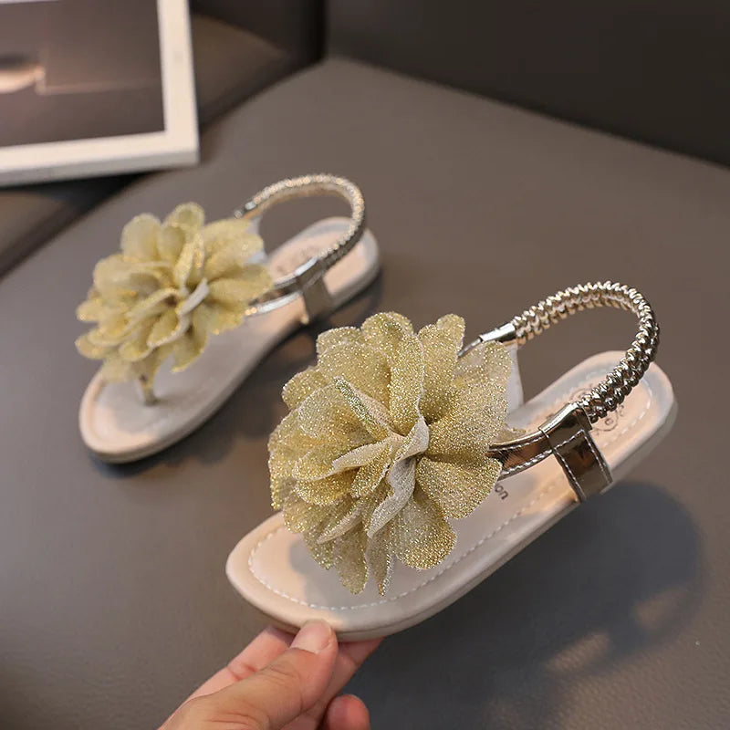 Girls Sandals 2023 Summer New Bling Flowers Baby Children Fashion Soft Bottom Student Shoes Kid's Slippers Pink Flats Flip Flops