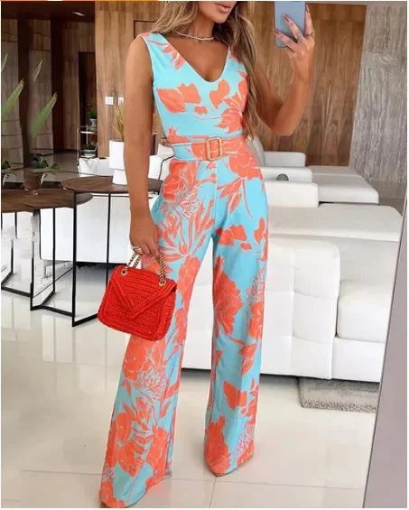 Spring and Summer New Women's Fashion Casual Slim Striped V-neck Black and White Contrast Jumpsuit--without Belt.