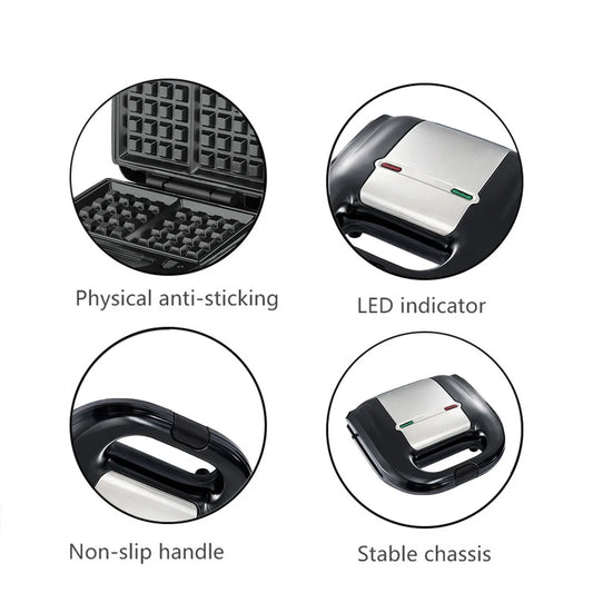 8-in-1 Breakfast machine with Interchangeable Plate Sandwich Maker, Waffle & Donut Maker with Non-stick Coating.