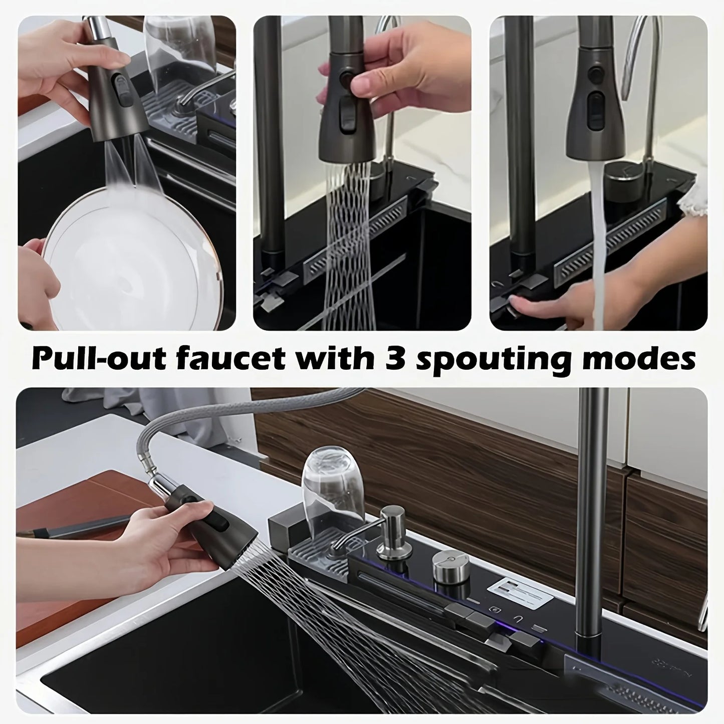 Multifunctional Stainless Steel Kitchen Sink – Double Basin Undermount with Waterfall Faucet, Drain Basket & Cutting Board