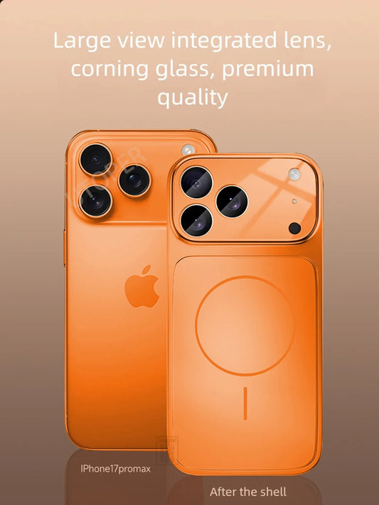 Official Orange Magsafe Magnetic Glass Phone Case for iPhone 17 Air 16 15 14 13 Pro Max Hard Shockproof Protect Matte Cover.