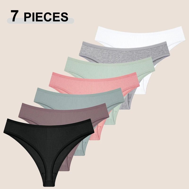 New 7Pcs/Set Seamless Cotton Fabric Thongs For Women Sexy Solid Color Stripe Underwear Female Comfortable Breathable Underpants.