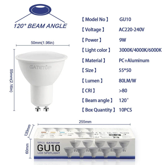 10er-Pack Focos Gu10 SpotlightLampara 220V LED-Glühbirne Großhandel 9W Weiß Warm 3000k 6000K geeignet für gewerbliche Gebäude zu Hause.