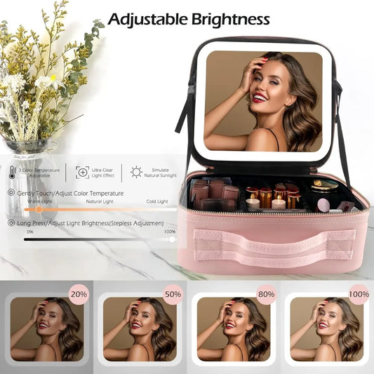 Makeup Bag with LED Mirror Travel Large Train Case Cosmetic Organizer Make Up Bags with 3 Color Lights and Adjustable Dividers.