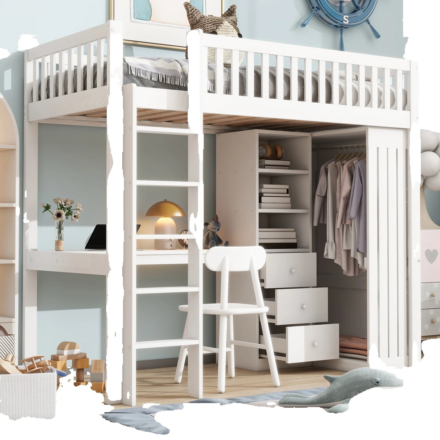 Merax Hochbett 90x200 cm Schreibtisch Kleiderschrank 3 Schubladen offener Stauraum Geländer Treppe ohne Matratze Weiß