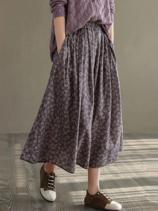 Women Casual Skirts New Arrival 2023 Autumn Vintage Style Floral Print Loose Comfortable Ladies Elegant A-line Long Skirt D536.