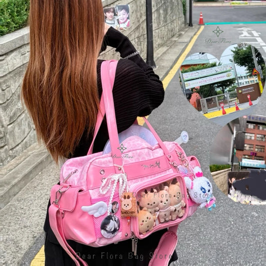 New Y2k Leopard Ita Shoulder Bag Lolita Girls Transparent Tote Bag Womens Large Capacity Crossbody Bag Cute DIY Display Handbags.