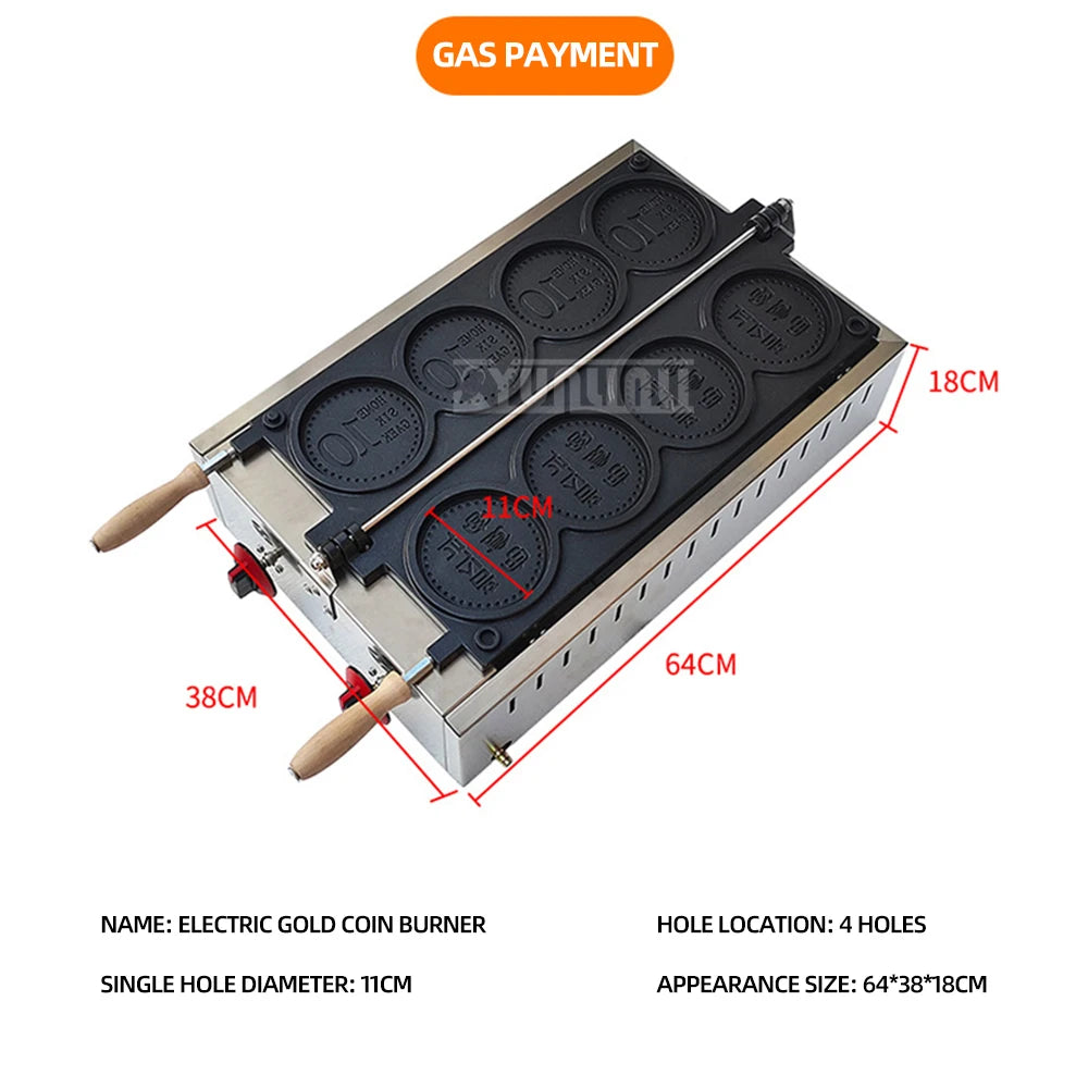 Commercial Non-Stick Pan Waffle Maker Set of 4 Gas Gold Coin Waffle Mold Baking Snack Maker Machine for Kitchen.