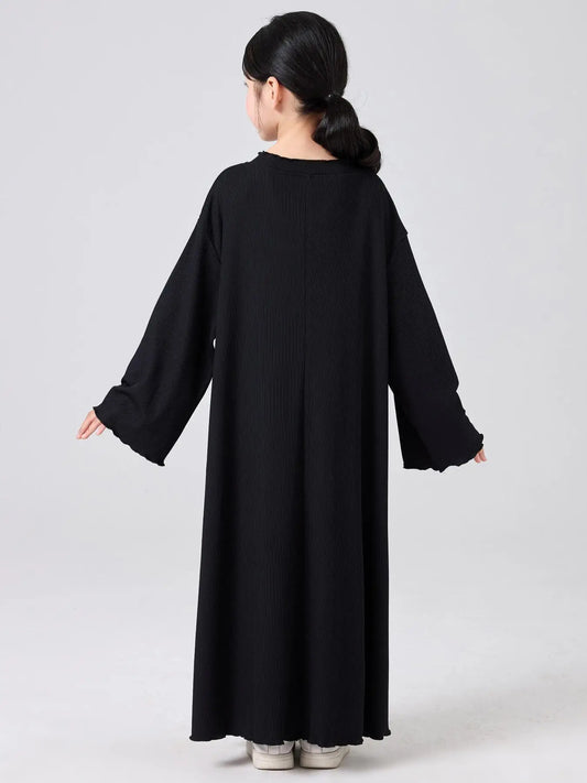 Middle Eastern Muslim Girls Princess Knitted Dress Wavy Edge Solid Color Robe.