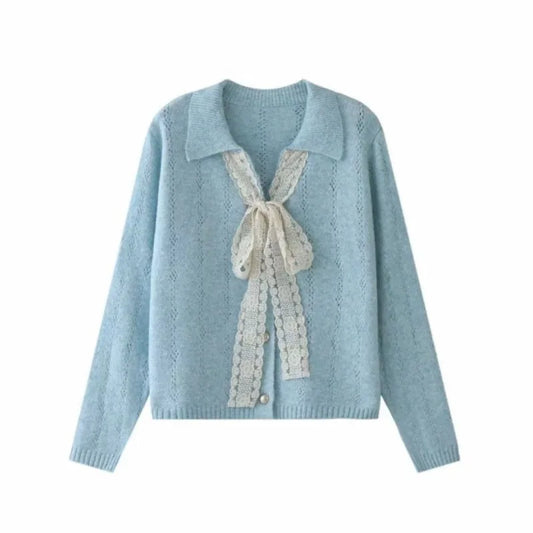 Women Clothes Autumn Winter Fashion Korean Button Solid Color Ladies All-match Bow Versatile Loose Knitwear Long Sleeve Top Tee.