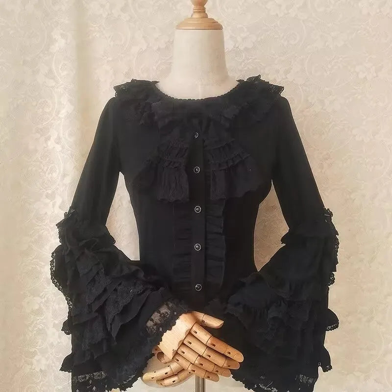 Japanese Medieval Victorian Vintage Lolita Shirts Women Sweet Flare Long Sleeves Slim Y2k Tops Female Gothic Blusas Blouses.