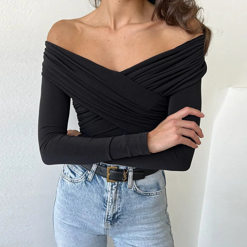 Sexy Off Shoulder Bodysuits Women Fashion Black Crossed Folds Skinny Rompers Long Sleeve Fashion Streetwear Autumn Bodysuits New