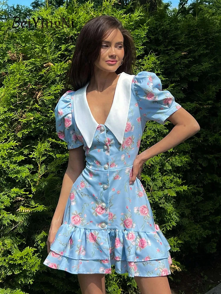 Beiyingni Neue In frauen Kleid Elegante Französisch Mode Schlank Kurzarm Mini Kleider Weibliche Rüschen Tasten V-ausschnitt Kurze Vestido