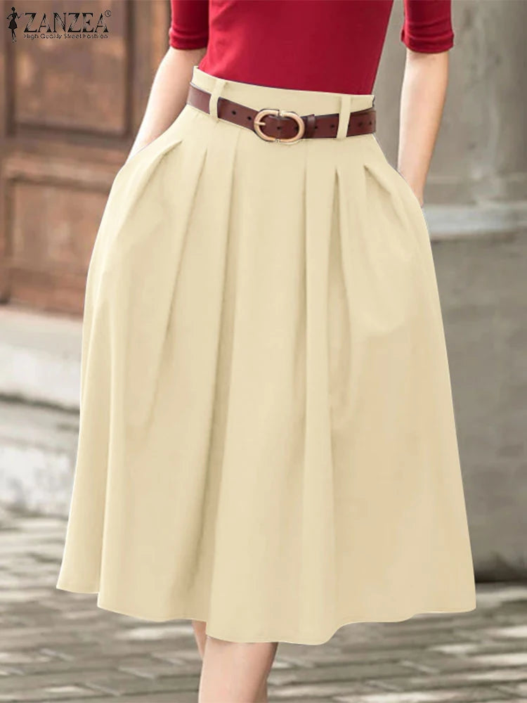 ZANZEA Summer Solid Midi Skirt Elegant Women High Waist Work OL Skirts Fashion A-line Jupes Stylish Party Faldas Saia Plus Size