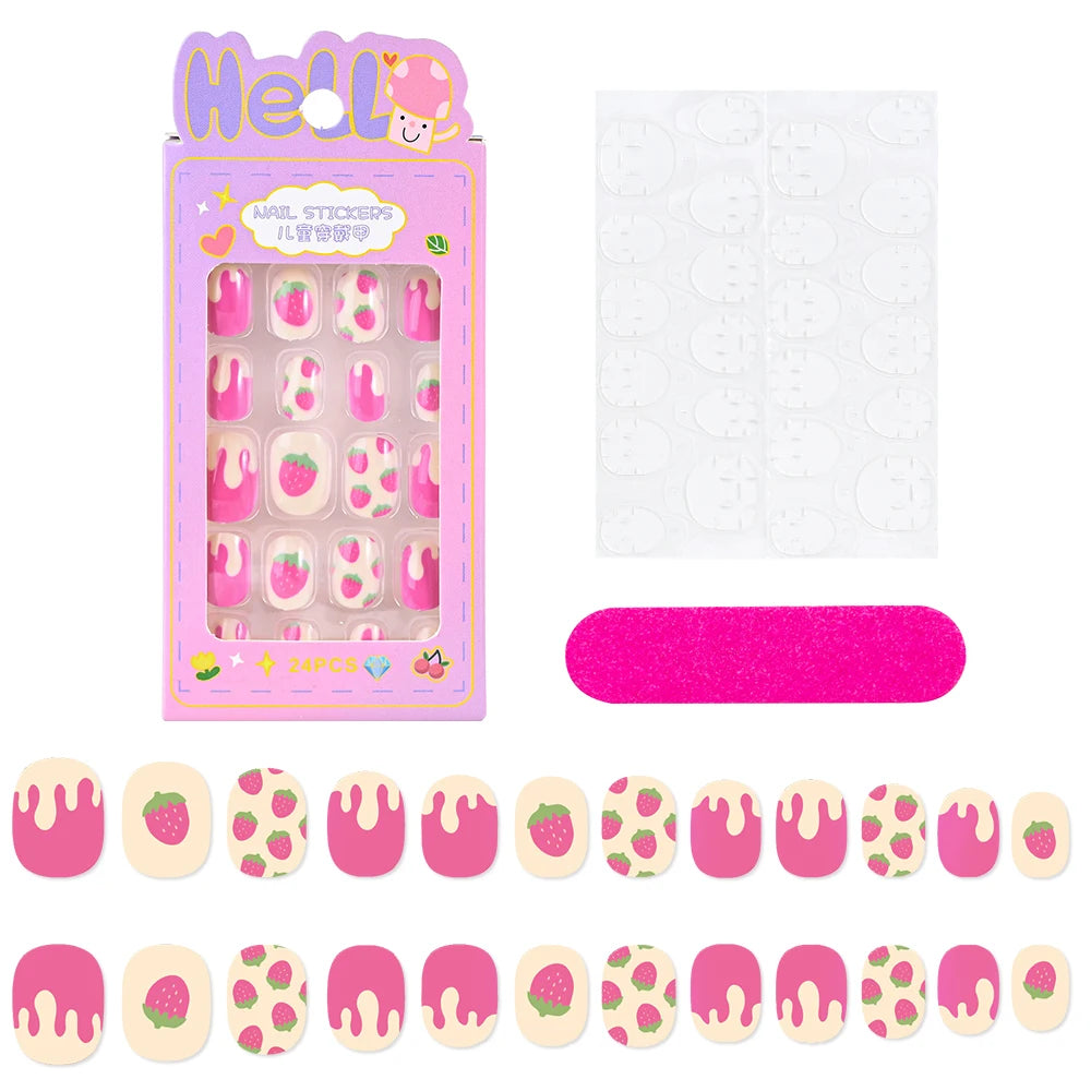 24Pcs/box Kids nails for Girl Cartoon Pattern False Nail Cute Child Fake Nails Tips Kawaii Acrylic Artificial Press on Nail+Tool