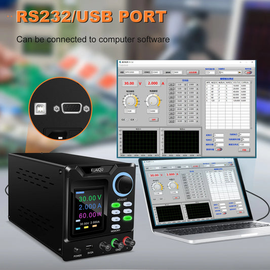 KUAIQU Programmable RS232 Communication DC Power Supply 30V 10A, Adjustable Laboratory Power Supply 60V 5A, 120V 3A, Edit Stored.