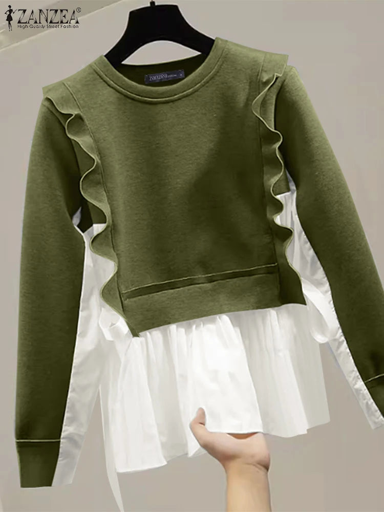 ZANZEA Plus Size Sweatshirts Elegante Pullover Herbst Langarm Damen Gut sitzende O-Ausschnitt Hoodies 2-teilige Strickpullover 5XL