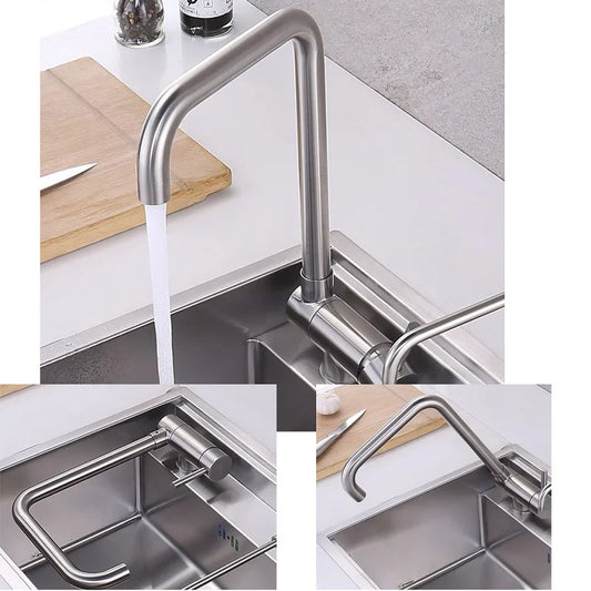 Stainless Steel Kitchen Faucet Lead-Free Folding Mixer 360 Degree Swivel Single Handle Nickel Kitchen Sink Taps