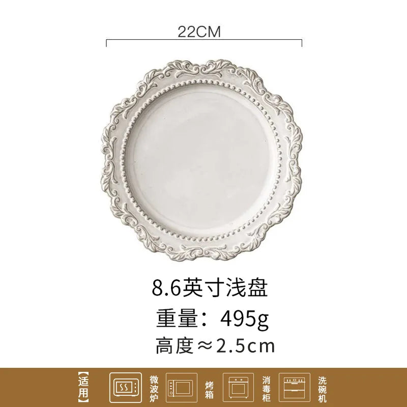 French Baroque Retro Relief Court Style Ceramic Dinner Plate European Tableware Western Food Plate Soup Plate Bowl Set