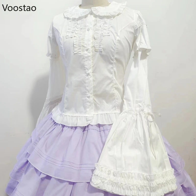 Victorian Gothic Lolita Shirts Women Sweet Elegant Detachable Long Sleeves Blouses Japanese Vinatge Peter Pan Collar Slim Tops.