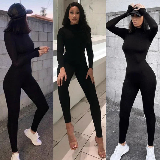 solid black/gray long sleeve skiing jumpsuit women elastic hight outfit fashion fitness sportwear slim rompers streetwear.