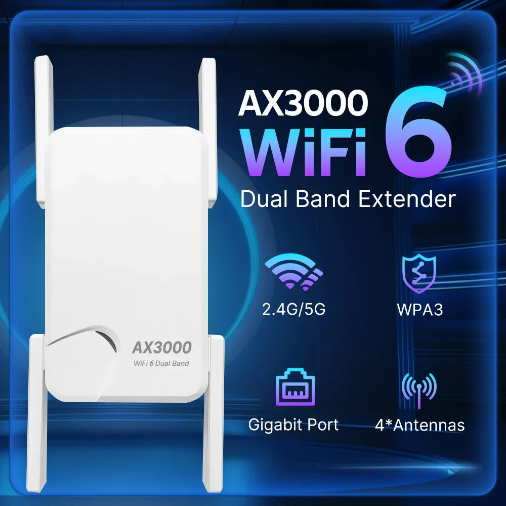 WIFI6 AX3000 Gigabit Wireless Repeater Router Dual Band 2.4/5Ghz Signal Booster 4 High-gain Antenna Long Range Amplifer for Home.