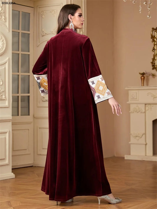 Siskakia Ramadan Muslim Notched Stand Collar Tassel Long Dresses For Women Loose Elegant Kebaya Patchwork Sleeve Abayas.