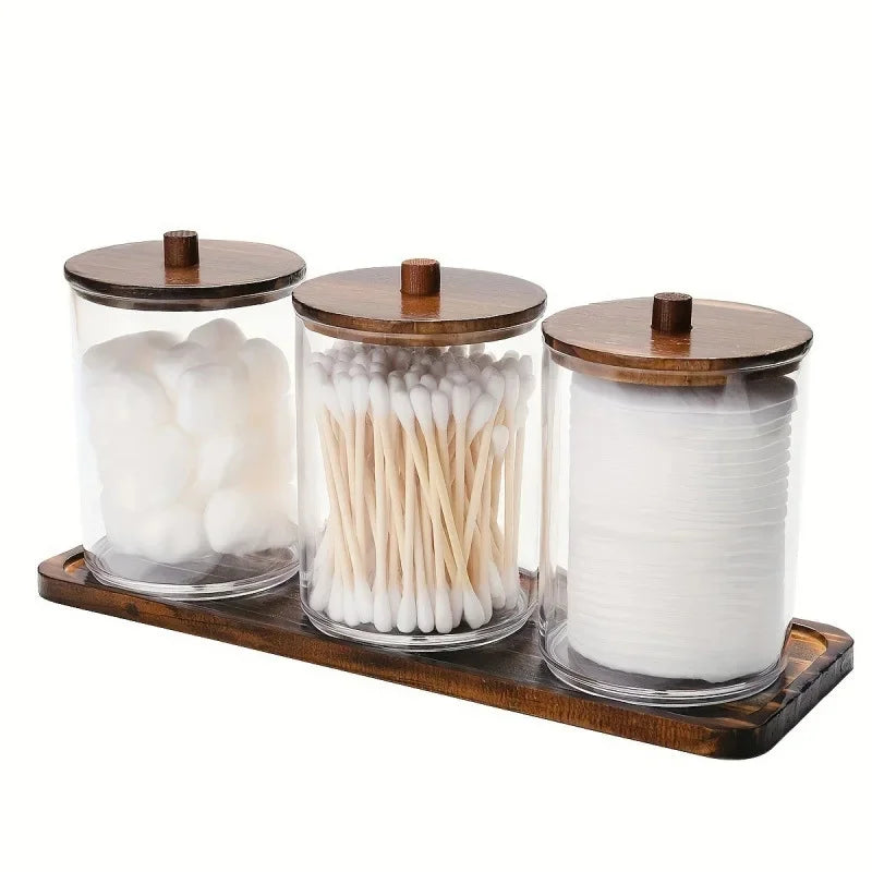 Transparent Acrylic round Wood Lid Cotton Swab Box Plastic Small Organizer Box Makeup Remover Cotton Storage Box Set.