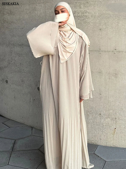 Siskakia Ramadan-Muslim Solid Wrinkle Dresses For Women's Dubai Moroccan Petal Sleeve Abayas O-Neck Elegant Kebaya 2024.