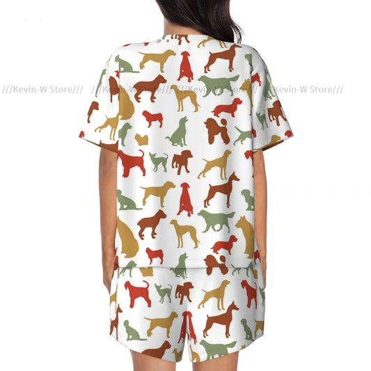 Zweiteiliges Damen-Pyjama-Set mit Rundhalsausschnitt und kurzen Ärmeln. Dog Breed, lässiges Pyjama-Set für zu Hause.