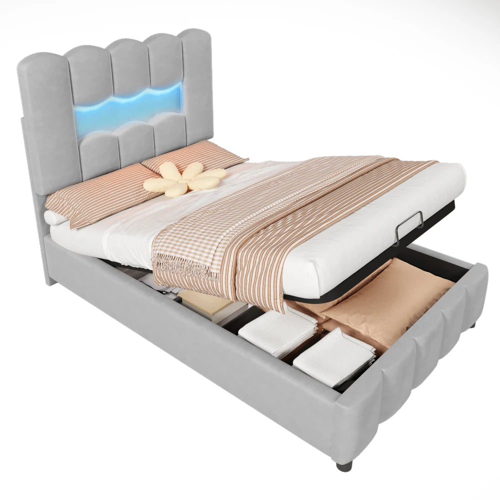 Modernes Polsterbett, 90 x 200 cm, ohne Matratze, LED-Beleuchtung, mit hydraulischem Gerät, verstellbarer Kopfteil, Samt, Grau