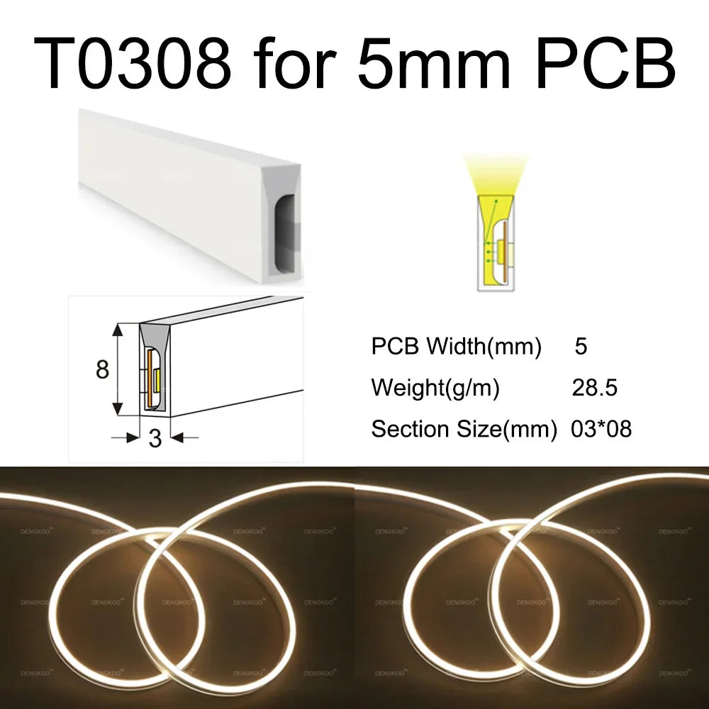 LED Silicone Neon Tube T0511 T0513 T0515 T0308 Flexible Protection Cover Transparent Matte Black Milky For 6-12mm WS2812 Strip