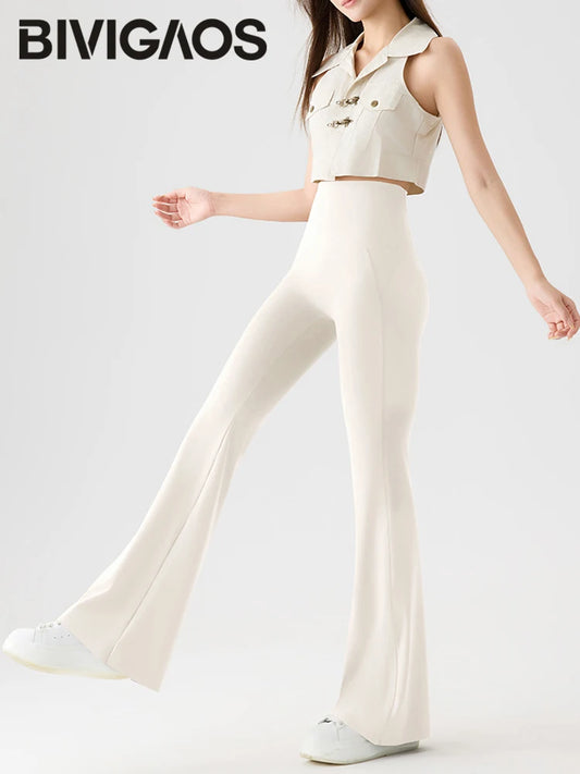 BIVIGAOS Naked Feeling Back Waist Pocket Sharkskin Micro Flared Leggings Women's Tight Sexy Sports Fitness Yoga Casual Pants.