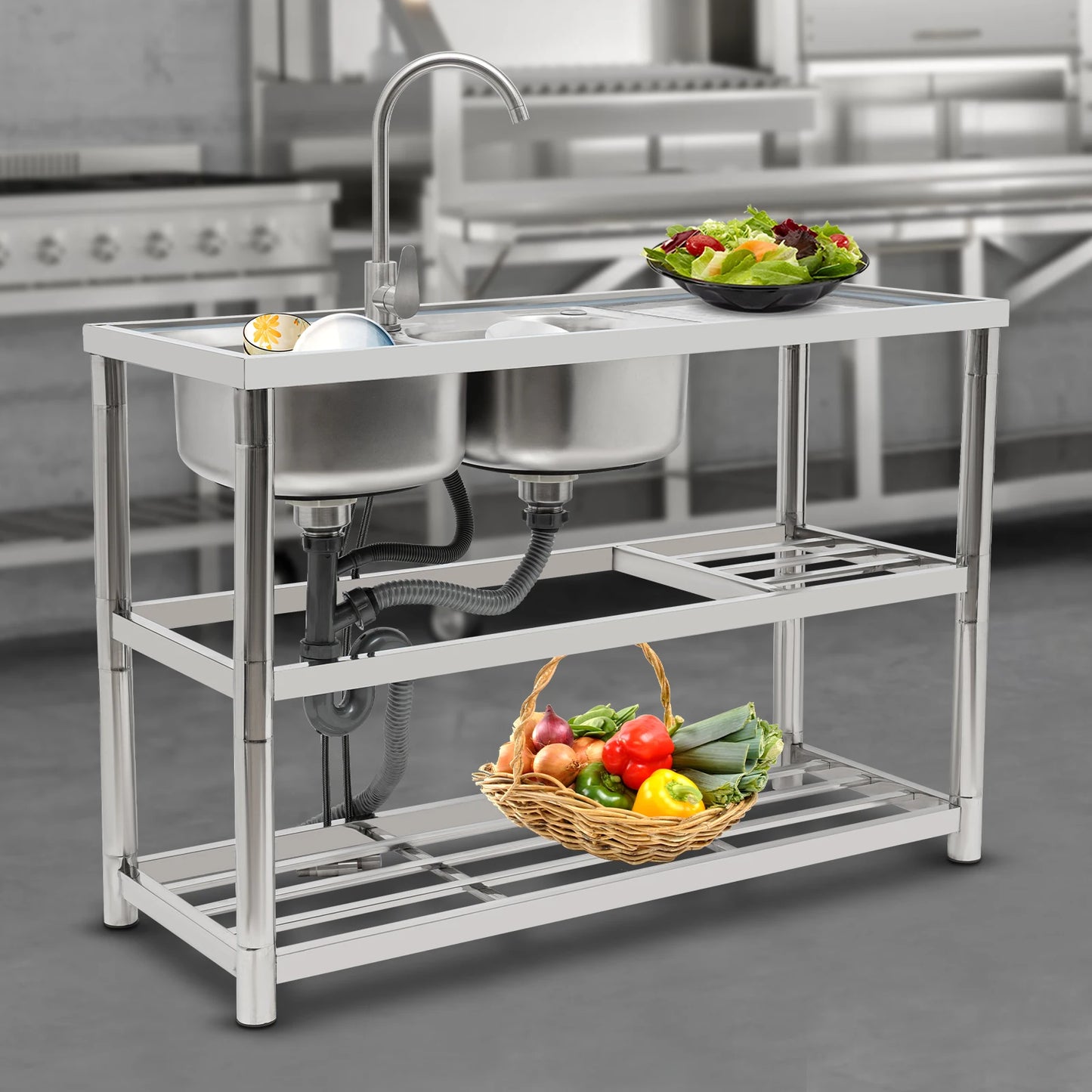 Dual Sink Stainless Steel Sink, Large Capacity, 360° Rotating Faucet, Raised Edges, Layered Filtration for Kitchens