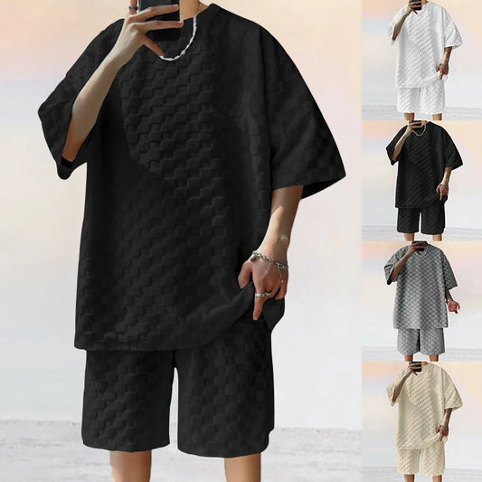 European and American Oversized Fashion Brand Men's Summer New Chessboard Plaid Loose Sports and Leisure Two-Piece Set.