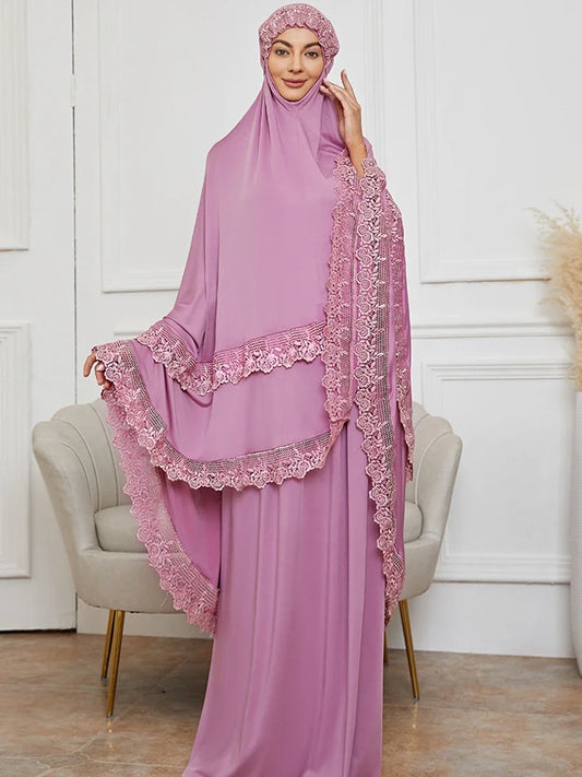 Ramadan Long Khimar Muslim Abaya Women Prayer Garment Saudi Prayer Dress Lace Trim Silky 2 Piece Skirt Sets Eid Niqab jilbab.