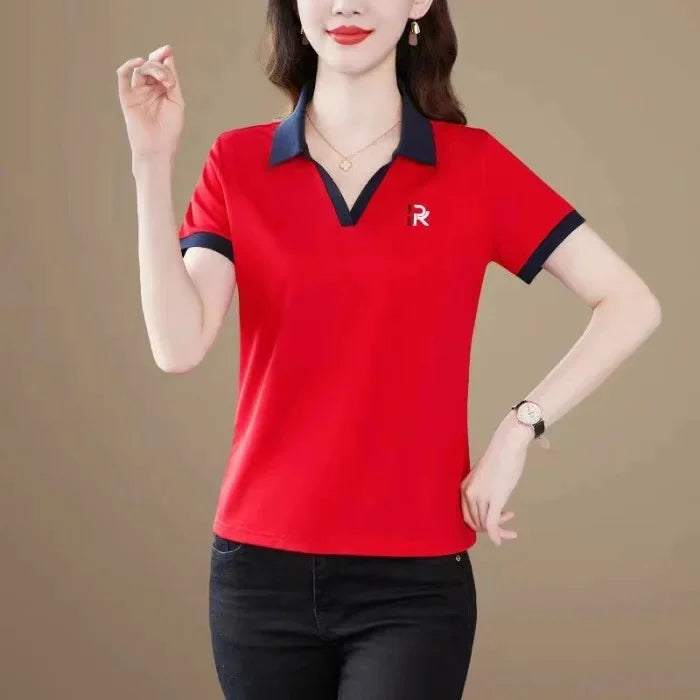 Loose Fit Polo Shirt Short Sleeve Turn-down Collar T-shirt for Middle-aged Mothers Summer New Style Sport Casual Top plus Size.