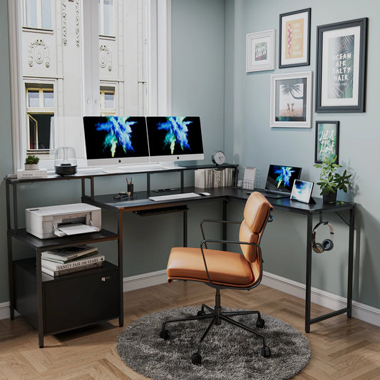 Devoko Eckschreibtisch 168×120cm, L-Schreibtisch mit Stauraum, Eckschreibtisch Schublade mit Steckdose und USB-Ladeport