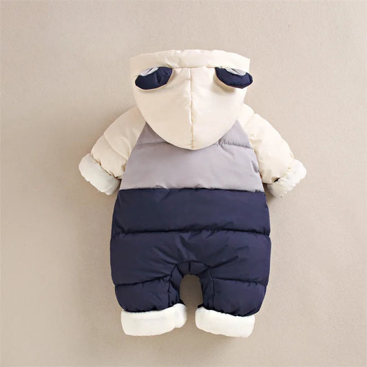 Winter Neue Baby Strampler Jungen Mädchen Patchwork Dicke Plus Samt Overalls Winddicht Mit Kapuze Overalls Schneeanzug Ein Stück Body.