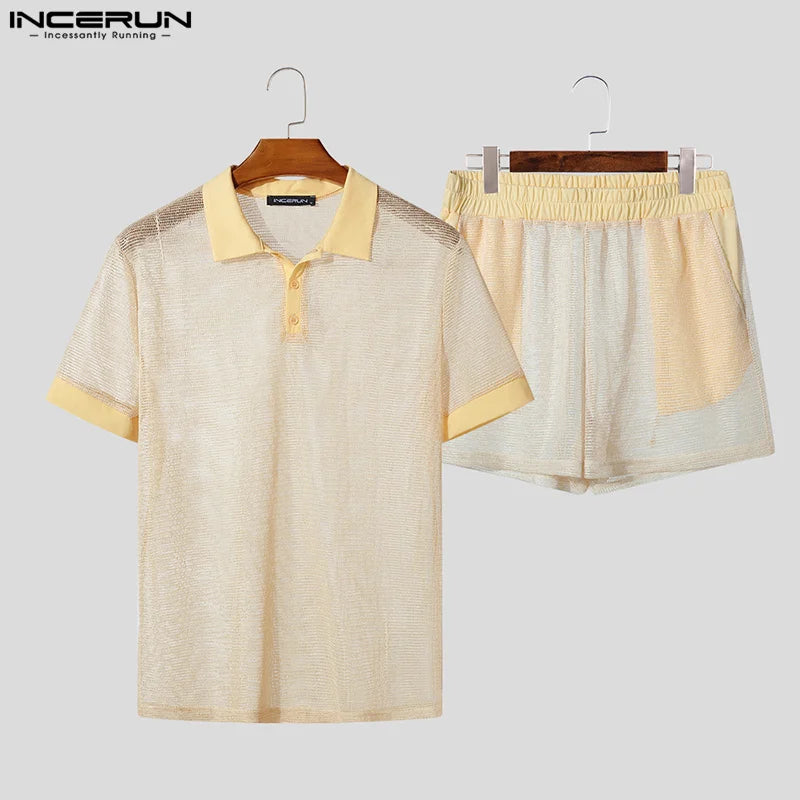 Men Short Sets Fashion Hollow Out INCERUN Two-piece Suits Men's Sets Streetwear Short Sleeve Tops Shorts Men's Clothing Summer