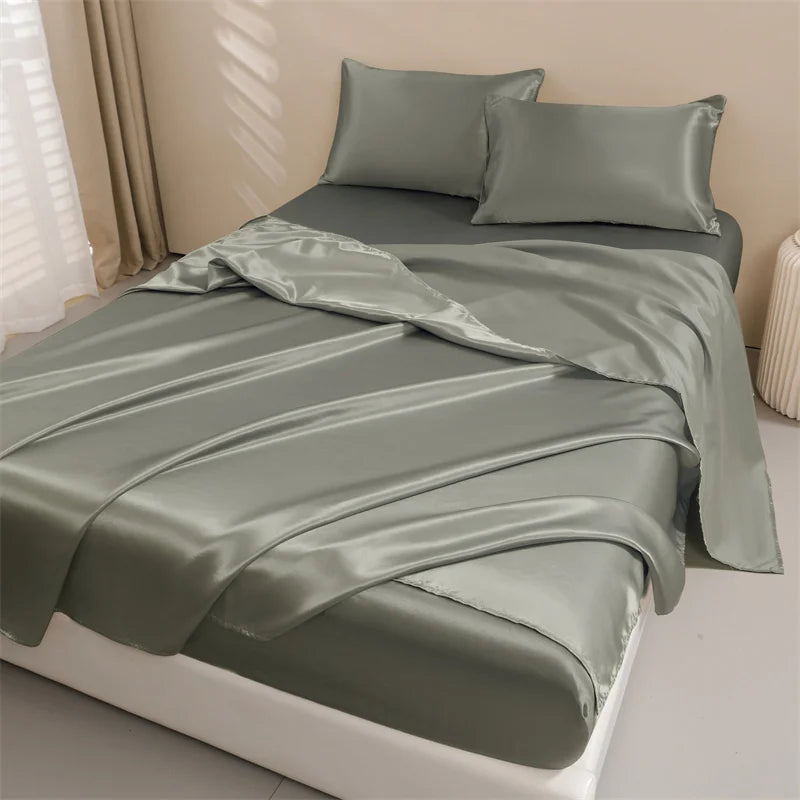 Satin Bed Sheets, Queen Size Sheets Set, 4 Pcs Silky Bedding Set 1 Deep Pocket Fitted Sheet + 1 Flat Sheet + 2 Pillowcases