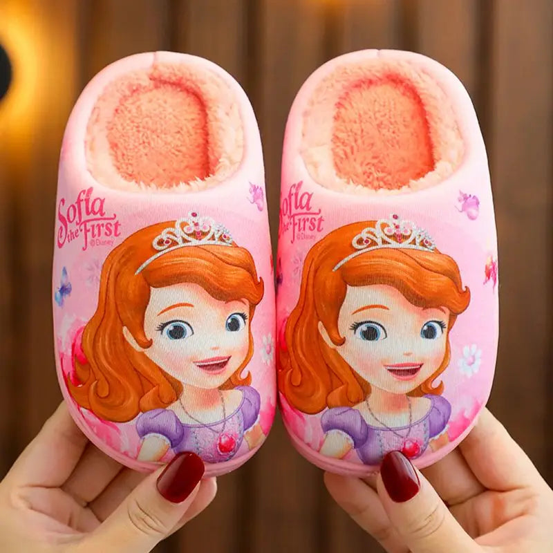 Disney Princess Elsa Winter Children's Heel Cotton Slippers Girls' Warm Frozen Kids' Cotton Black Purple Flats Shoes Size 24-40
