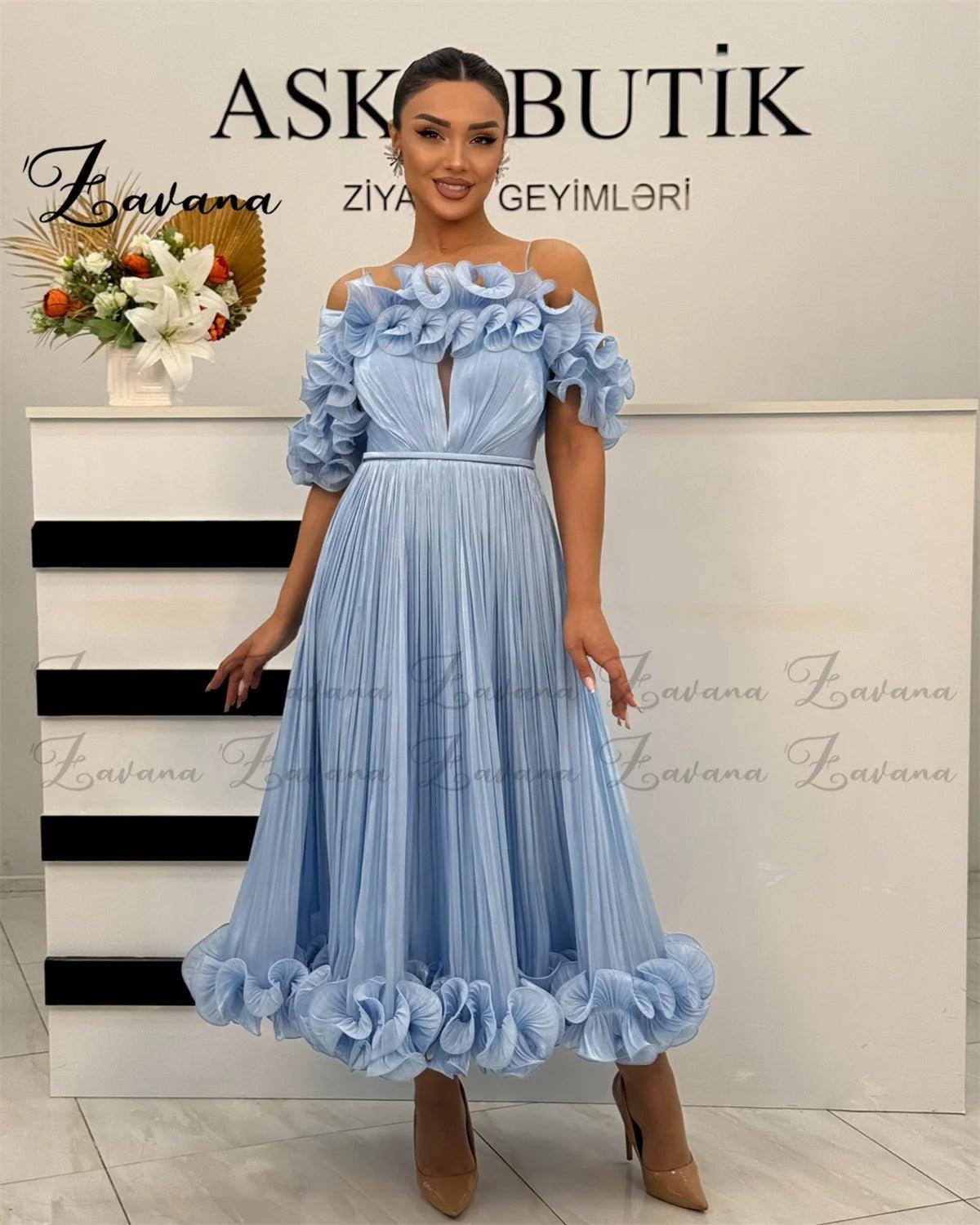 Zavana Stilvolles A-Linien-Abschlussballkleid, schulterfrei, mit Falten, Tüll, Tee-Länge, Saudi-Arabien, Festzug, formelles Partykleid, individuell gestaltet