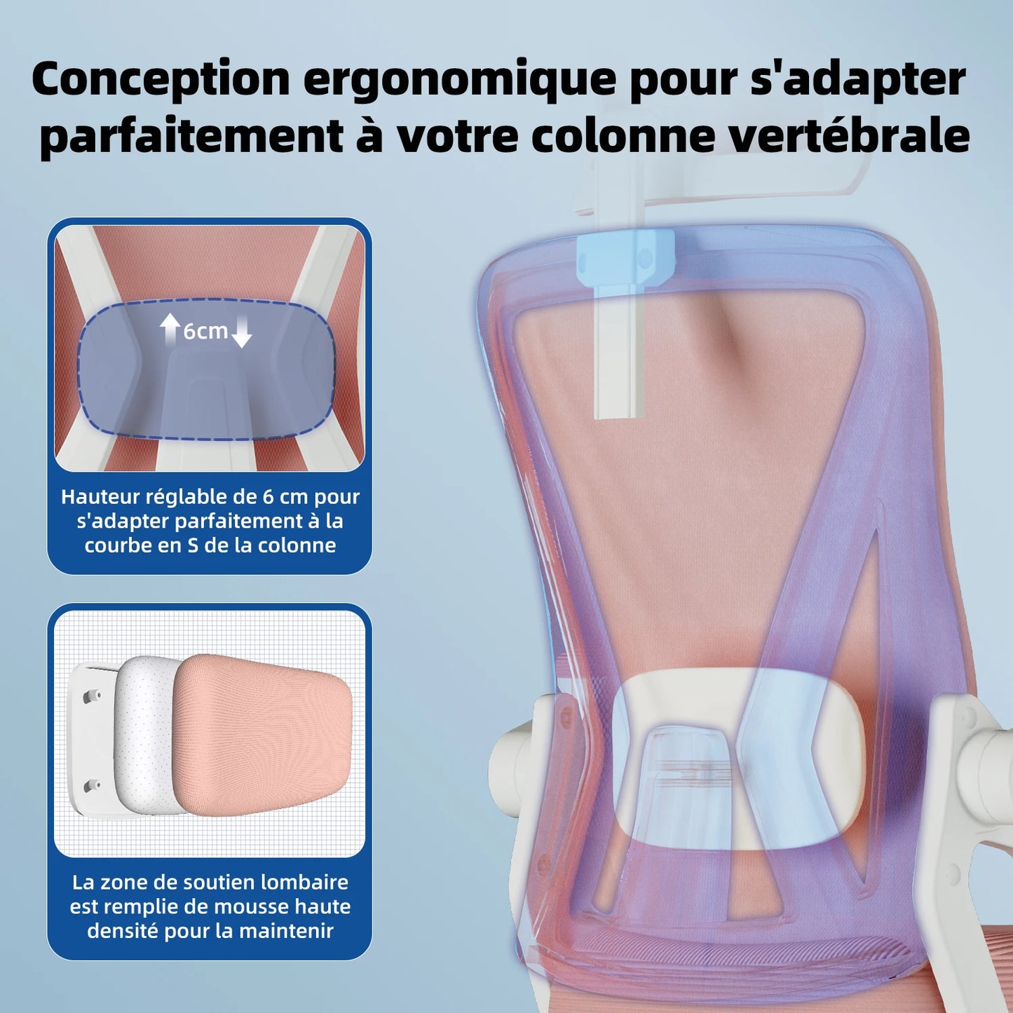 AUTHMIC Ergonomischer Bürostuhl (ROSA) mit klappbaren Armlehnen, verstellbarer Rückenlehne, verstellbarer Kopfstütze und Lordosenstütze, 150 kg