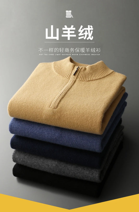 New Half Turtleneck Zipper Men's Pullover 100% Cashmere Sweater Solid Color Casual Versatile Wool Sweater Men's Clothing.