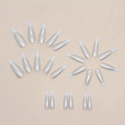 24pcs Long Stiletto French Fake Nails White Edge Simple Aurora False Nails Full Cover Press on Nails DIY Detachable Manicure.