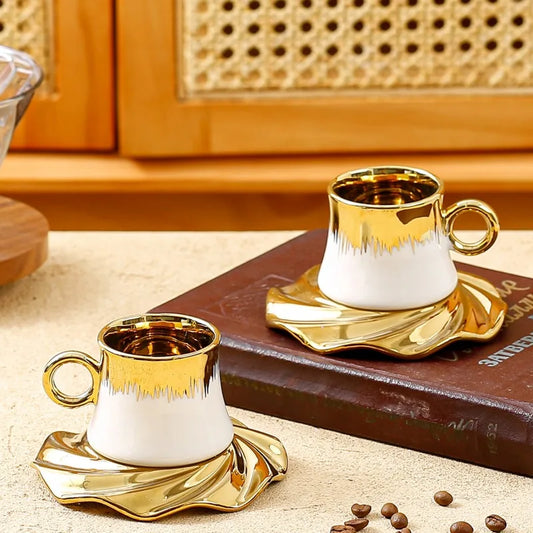 High Quality Middle East Saudi Arabia Ceramic Plated Coffee Cup Plate Set Golden Cup and Saucer Gift Box Set.