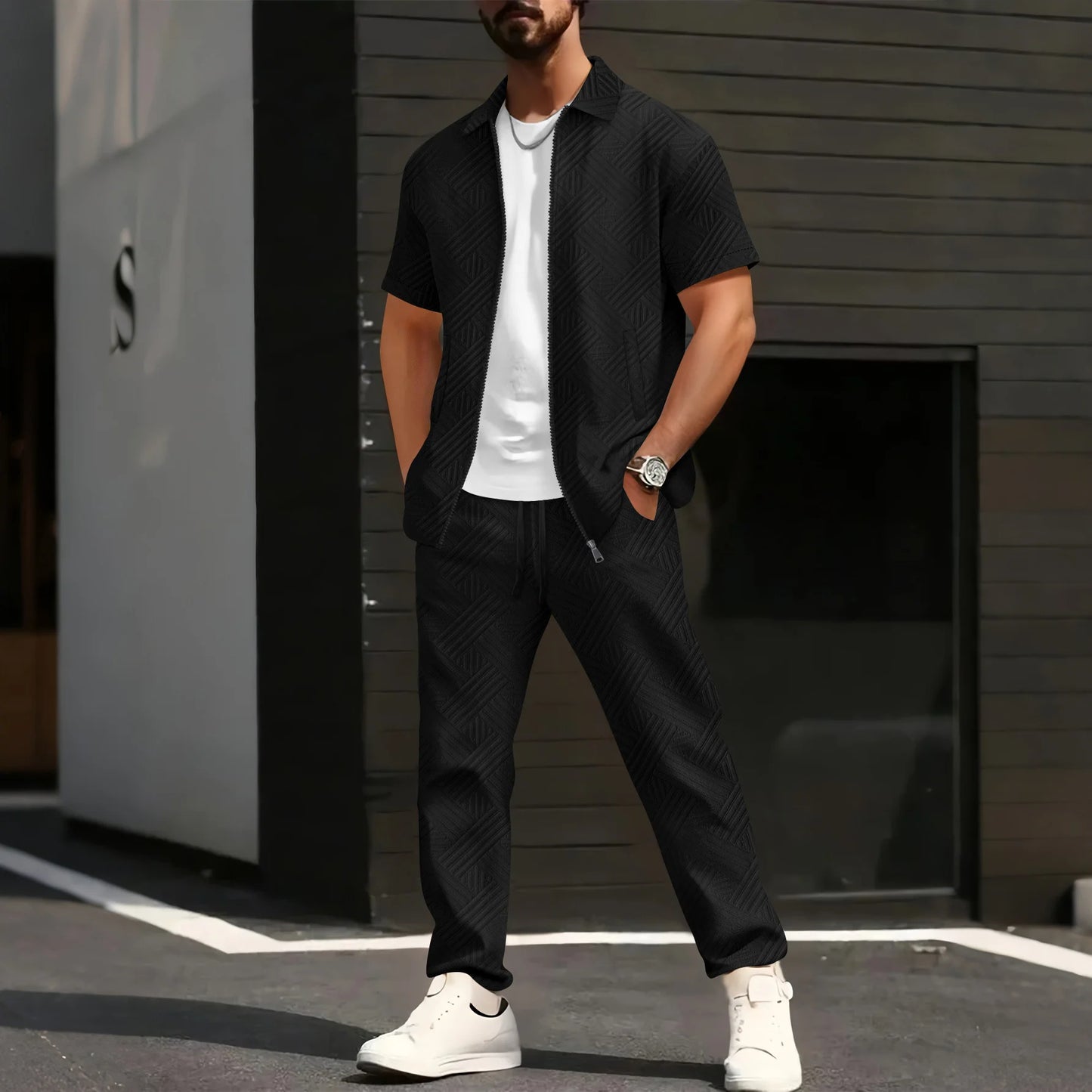 2025 Men's Casual and Fashionable short-sleeved jacket and shirt with solid-colored drawstring trousers two-piece set.